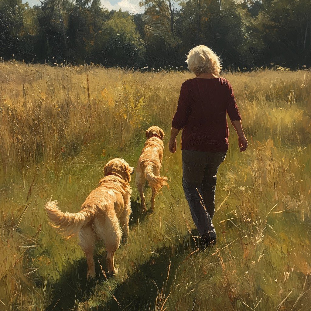Two Golden Retrievers walking through a golden field with their person